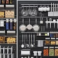 Modern Kitchen Display Shelf With Storage Jars Pans Utensils And Spice Bottles
