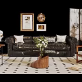 Leather Sofa and Coffee Table Set with Wooden Top Throw Pillows Checkered Rug and Paintings