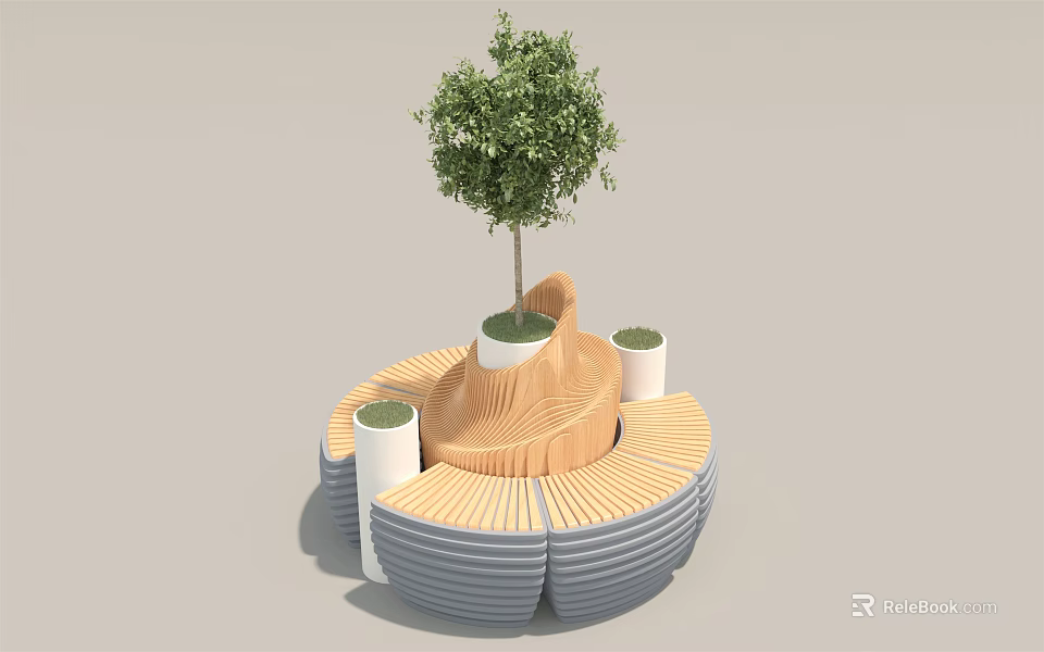 Outdoor Chair With Circular Wooden And Gray Design Featuring Tree In Center And White Planters 3d model 