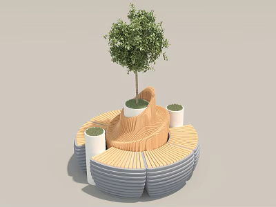 Outdoor Chair With Circular Wooden And Gray Design Featuring Tree In Center And White Planters 3d model