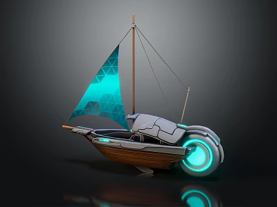 Wooden Boat with Futuristic Sail Glowing Blue Wheel Device and Modern Hull Design 3d model