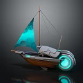 Wooden Boat with Futuristic Sail Glowing Blue Wheel Device and Modern Hull Design