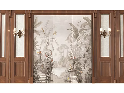 Traditional Sofa Backdrop Wall With Hand painted Tropical Plants Birds And Wooden Frame 3d model