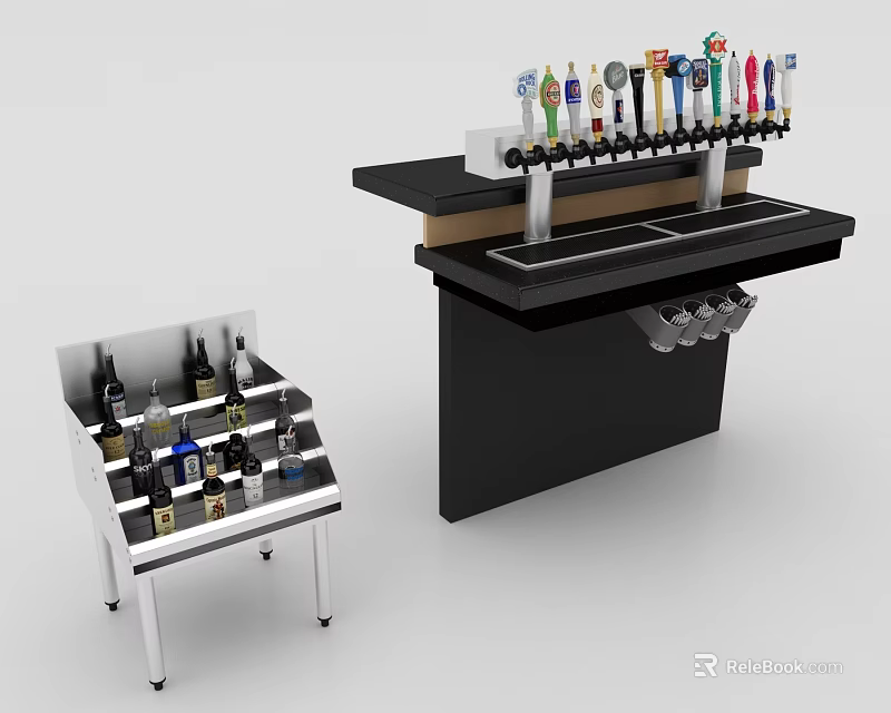 Commercial Bar Counter With Multiple Beer Taps Black Top And Wine Display Rack 3d model 