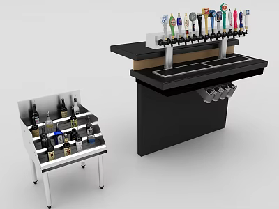 Commercial Bar Counter With Multiple Beer Taps Black Top And Wine Display Rack 3d model
