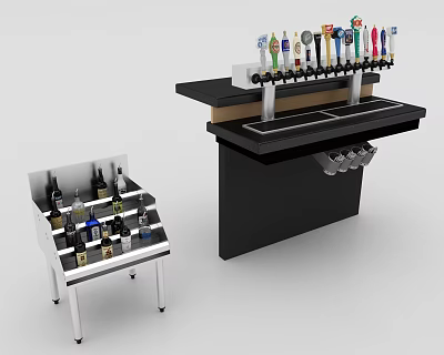 Commercial Bar Counter With Multiple Beer Taps Black Top And Wine Display Rack 3d model