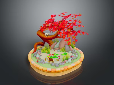 Game Movie Character Bonsai Scene With Red Maple Leaves Small Frog And Lotus Pond 3d model