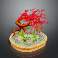 Game Movie Character Bonsai Scene With Red Maple Leaves Small Frog And Lotus Pond
