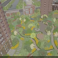 Lush Urban Garden Landscape Surrounded By High Rise Buildings With Green Pathways Seating And Trees