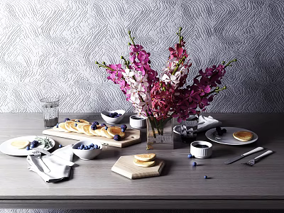 Delicious Brie Slices Blueberries And Orange On Table Setting With Pink White Flowers Gray Wall 3d model