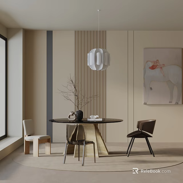 Modern Dining Table Set with Round Table Stylish Chairs Pendant Light and Vertical Slat Wall 3d model 