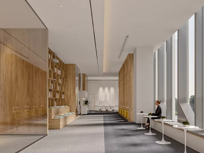 Modern Office Corridor With Wooden Walls Large Windows Natural Light And Seating Area 3d model