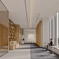 Modern Office Corridor With Wooden Walls Large Windows Natural Light And Seating Area