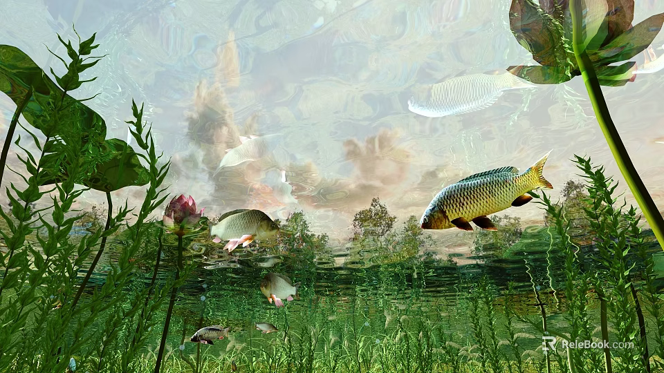 Natural Waterfront Landscape With Fish Aquatic Plants Lotus Flowers And Underwater Greenery 3d model 