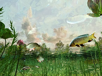 Natural Waterfront Landscape With Fish Aquatic Plants Lotus Flowers And Underwater Greenery 3d model