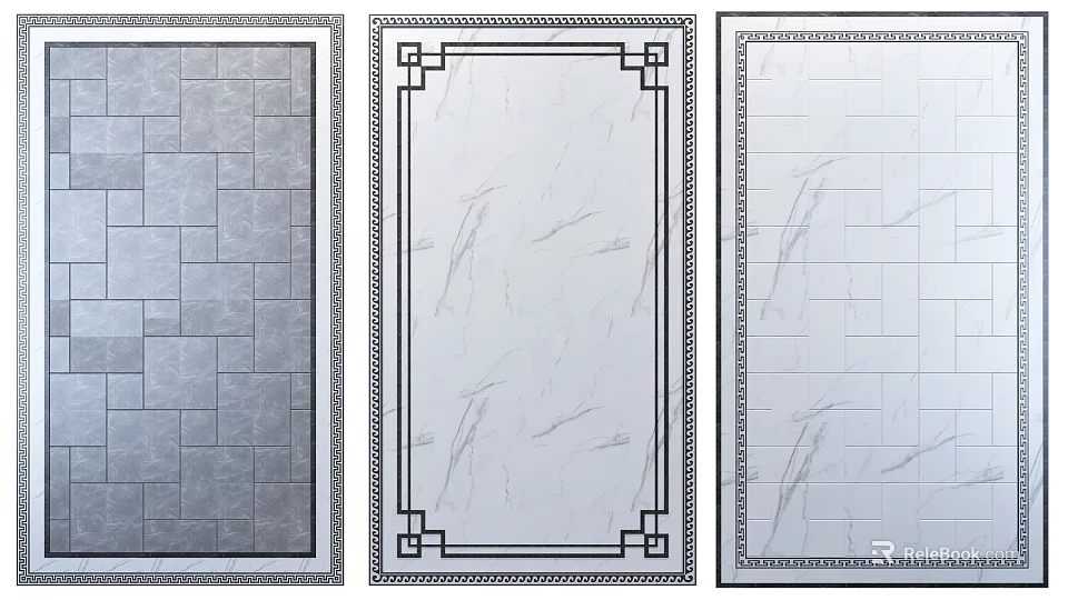 Gray Square Tile and Marble Texture Floor with Decorative Border and Grid Lines 3d model