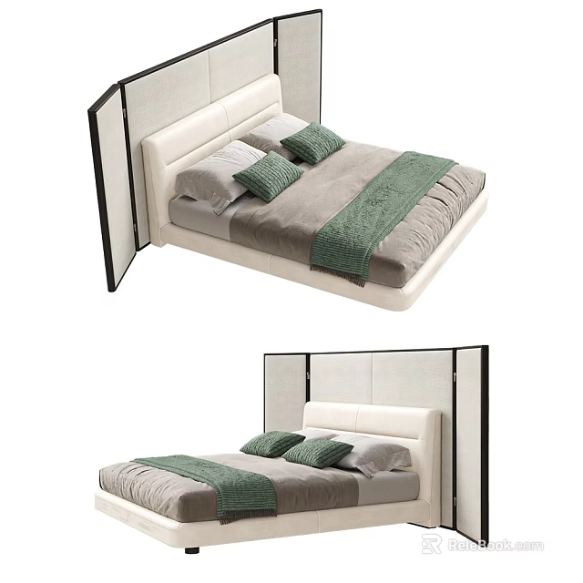 Modern Double Bed With Upholstered Headboard Green Throw Pillows And Gray Bedding 3d model