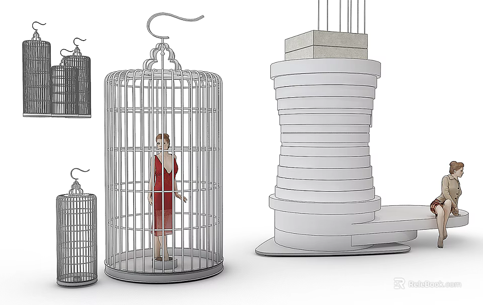 Decorative Ornament Set Featuring Metal Cages Miniature Figures and Stacked White Structures 3d model 