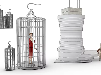 Decorative Ornament Set Featuring Metal Cages Miniature Figures and Stacked White Structures 3d model