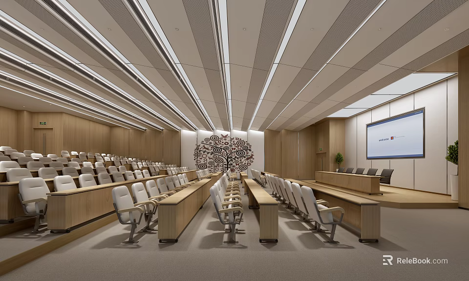 Modern Conference Room Interior With Rows Of Seats Projector Screen And Ceiling Lights 3d model 