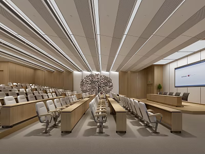 Modern Conference Room Interior With Rows Of Seats Projector Screen And Ceiling Lights 3d model