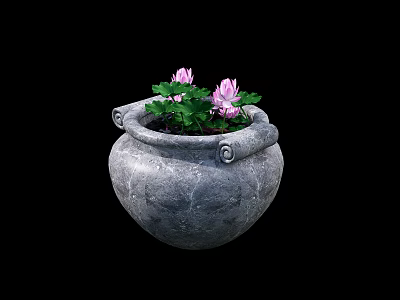 Bonsai Potted Plant With Stone Pot Scroll Handles Pink Flowers And Green Leaves 3d model