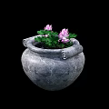 Bonsai Potted Plant With Stone Pot Scroll Handles Pink Flowers And Green Leaves