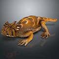 Detailed Brown And Orange Spotted Lizard With Horned Head On Dark Background