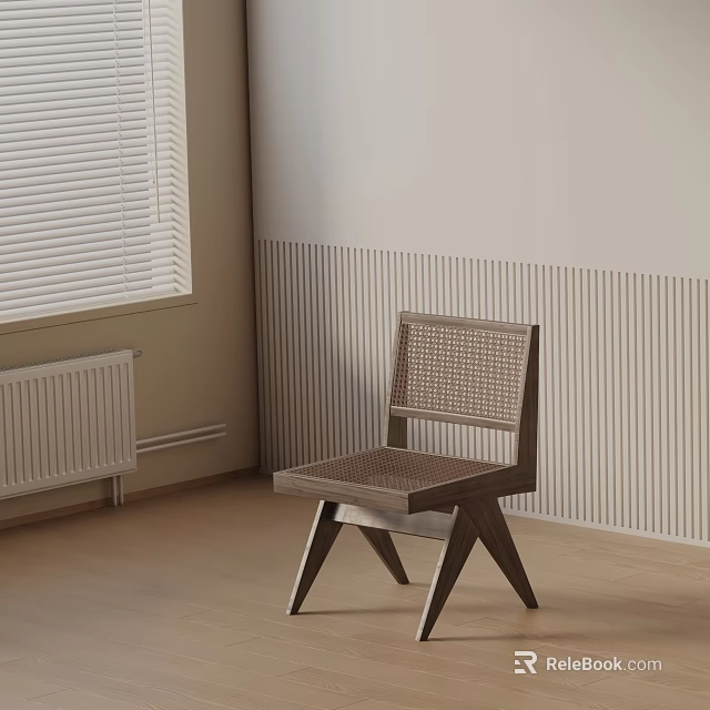 Minimalist Leisure Chair With Wooden Frame And Woven Backrest In Bright Room With Light Colored Wall And Wooden Floor 3d model 