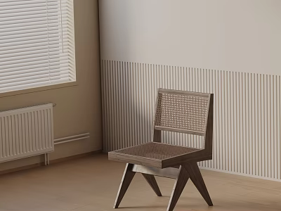 Minimalist Leisure Chair With Wooden Frame And Woven Backrest In Bright Room With Light Colored Wall And Wooden Floor 3d model