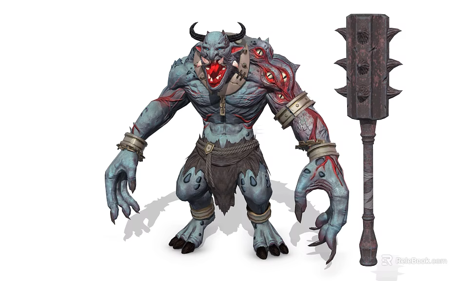 Two Headed Horned Blue Skinned Monster With Bandages And Large Spiked Hammer 3d model 
