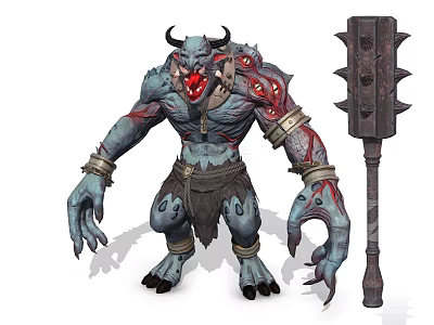Two Headed Horned Blue Skinned Monster With Bandages And Large Spiked Hammer 3d model