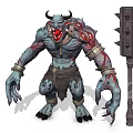 Two Headed Horned Blue Skinned Monster With Bandages And Large Spiked Hammer