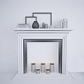 White Fireplace Mantel Featuring Frames Books Decorations And Brick Interior With Candles 3d model