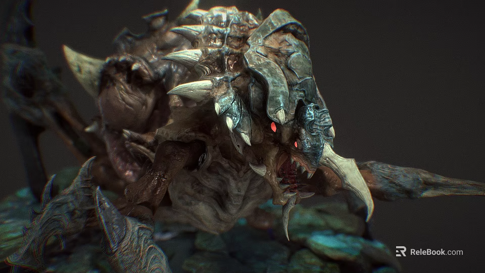 Ferocious Monster Creature 3D Model with Sharp Teeth Glowing Red Eyes Segmented Limbs Rocky Background 3d model