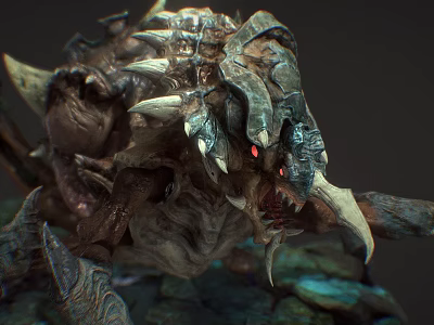 Ferocious Monster Creature 3D Model with Sharp Teeth Glowing Red Eyes Segmented Limbs Rocky Background 3d model