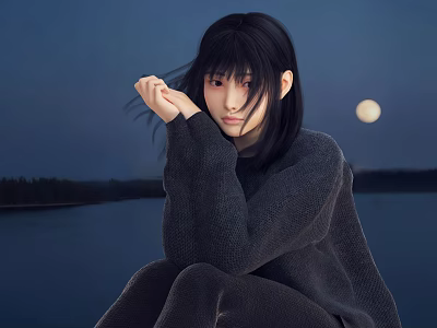 Serene Woman With Long Black Hair In Dark Sweater Sitting By Lake Under Full Moon Night Sky 3d model