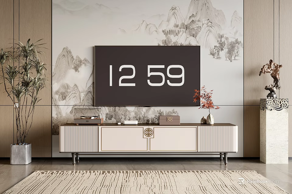 Elegant Modern TV Cabinet With White Storage And Mountain Painting Background 3d model 