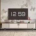 Elegant Modern TV Cabinet With White Storage And Mountain Painting Background