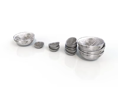 Silver Kitchen Bowls and Plates Stacked in Various Sizes for Daily Use 3d model