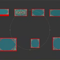 Traditional Furniture Set with Red Frames Blue Surfaces and Decorative Patterns Including Cabinets Tables Stools