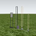 Illuminated Modern Outdoor Lights on Green Grass Night Scene with Various Vertical Shapes