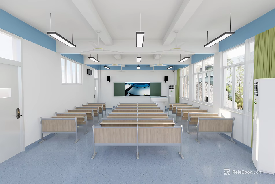 School Modern Classroom Interior With Neat Desks Chairs Projection Screen And Bright Lighting 3d model 