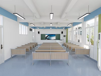 School Modern Classroom Interior With Neat Desks Chairs Projection Screen And Bright Lighting 3d model