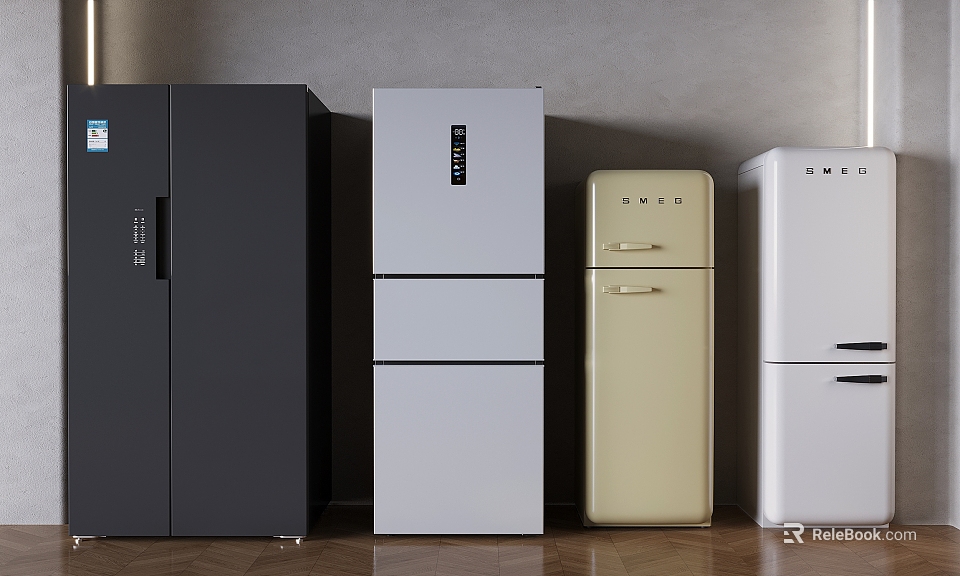 Various Modern Refrigerators in Black White and Beige Colors Lined Up 3d model 