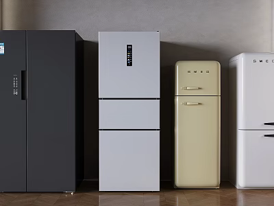 Various Modern Refrigerators in Black White and Beige Colors Lined Up 3d model