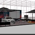 Modern Stage Setup With White Audi Red Sports Car Umbrellas Tables And Colorful Backdrop