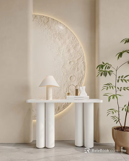 Modern Console Table With White Lamp Golden Decor Books And Circular Textured Wall Decor 3d model 