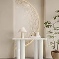 Modern Console Table With White Lamp Golden Decor Books And Circular Textured Wall Decor