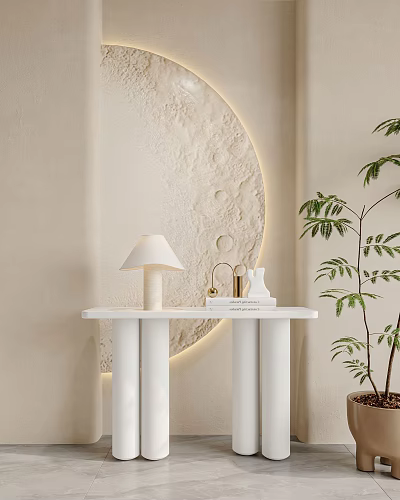 Modern Console Table With White Lamp Golden Decor Books And Circular Textured Wall Decor 3d model
